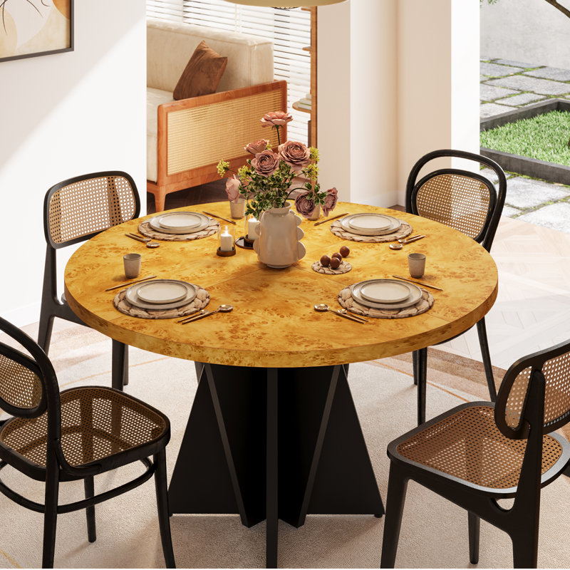 47.2" Round Dining Table Dining Table for 4, Pedestal Dining Table, Medium Yellow Wood