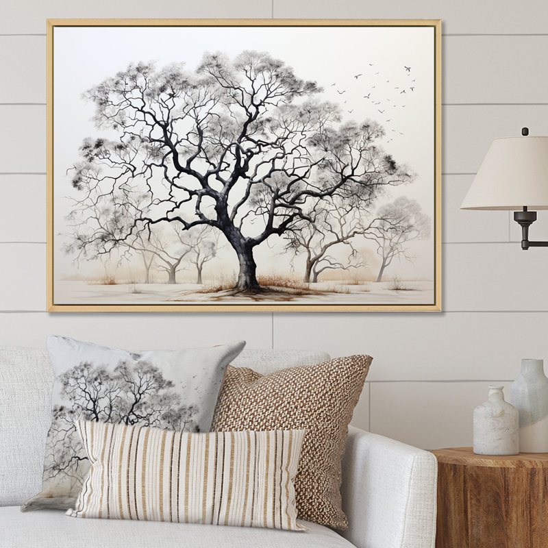 Minimalisme, arbres en chêne noir et blanc III sur toile, H 30 po x l 40 po x P 1,5 po, Cadre flottant blanc