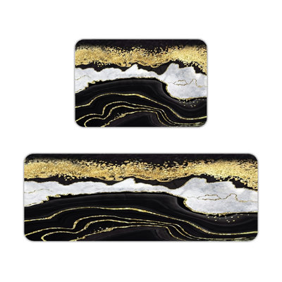 Ensemble de 2 tapis de cuisine en agate noire et or