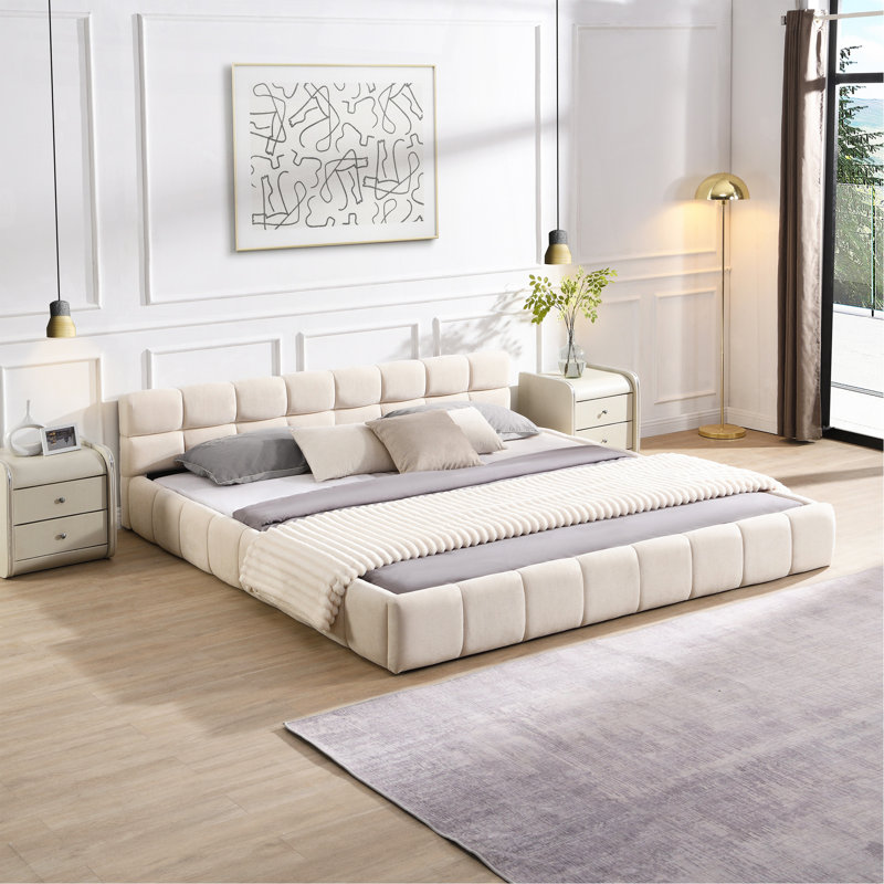 Lit tapissier élégant en chenille beige avec motif damier, très grand, beige, Beige, Très grand lit