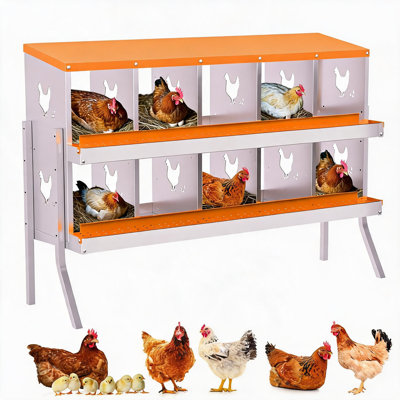 10-Compartment Orange Galvanized Chicken Nesting Box - Removable Drop Tray - Ventilated & Rustproof Egg Laying Box - Easy Clean & Install - (Color: Orange, Specs: 10 compartments, with bracket)
