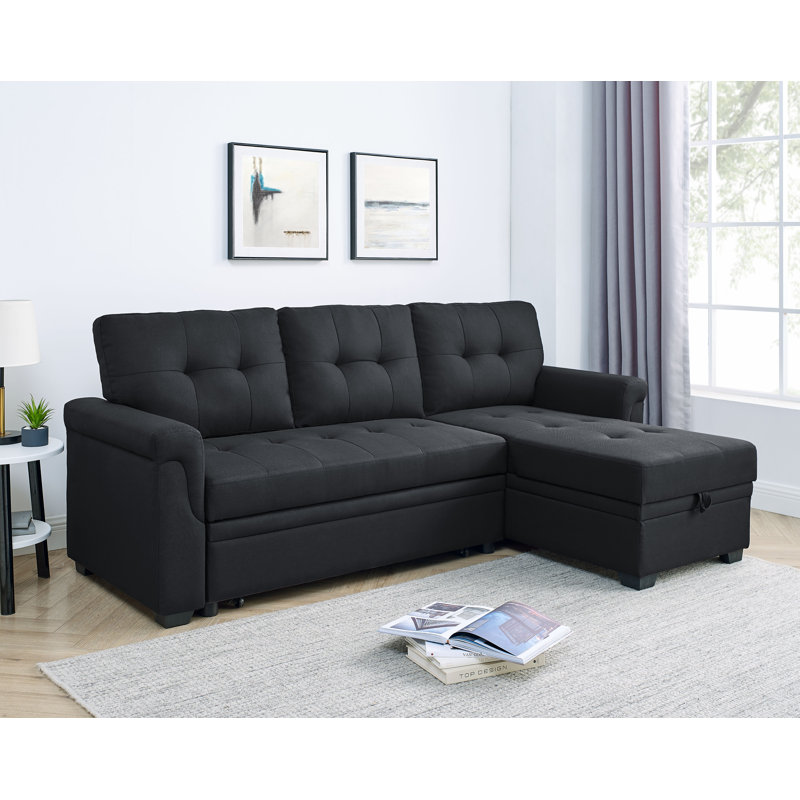 Elleanna 84" Wide Reversible Sleeper Sofa & Chaise, Dark Gray Linen Blend, Right Hand Facing