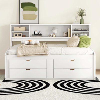 Full Size Wood Daybed with 2 Bedside Cabinets, Upper Shelves and 4 Drawers