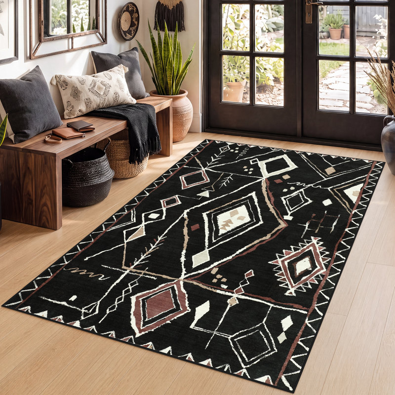 Tapis marocain bohème lavable à la machine Boho, Noir, Rectangulaire 3 pi x 5 pi