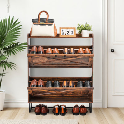 Meuble à chaussures avec 2 tiroirs rabattables, brun, pieds en métal, inclinable, autoportant, idéal pour l'entrée, réglable pour bottines, ballerines et talons hauts. Organisateur brun, élégant, gain de place, couloir, étagères hautes et basses.