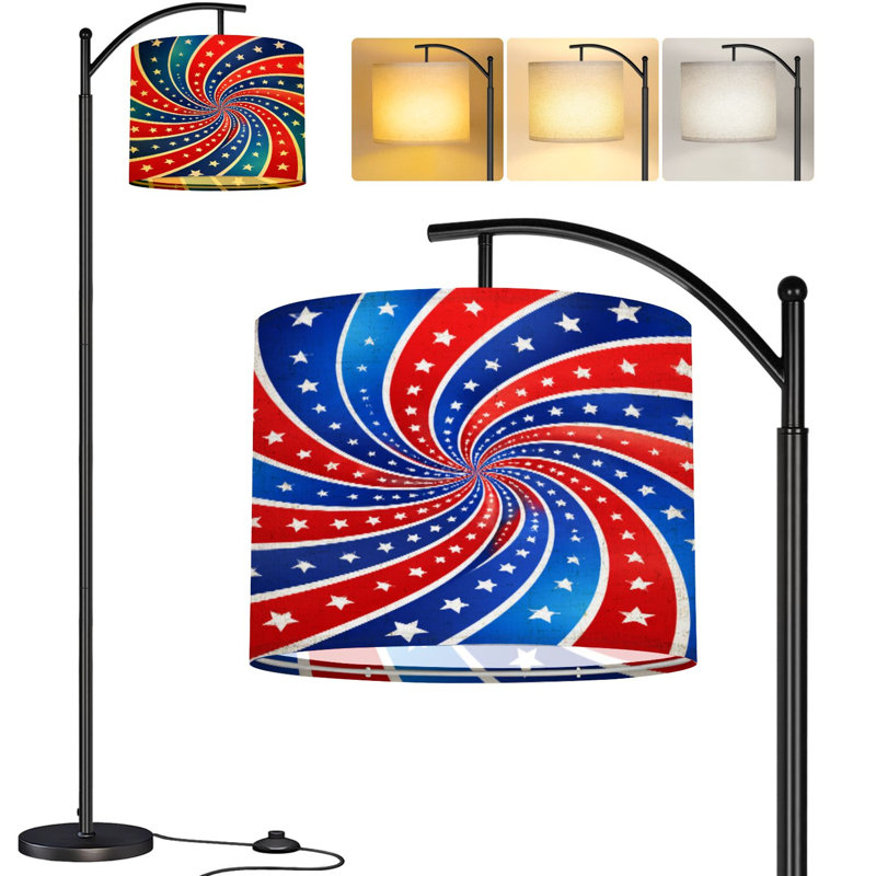  Arc Floor Lamp Patriotic Red White Blue Spiral Star Design Tall Modern Standing Lamp LED Adjustable Linen Lampshade 3 Color Temperatures