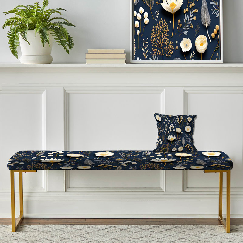Banc floral rembourré or, Fleurs botaniques bleues et blanches I