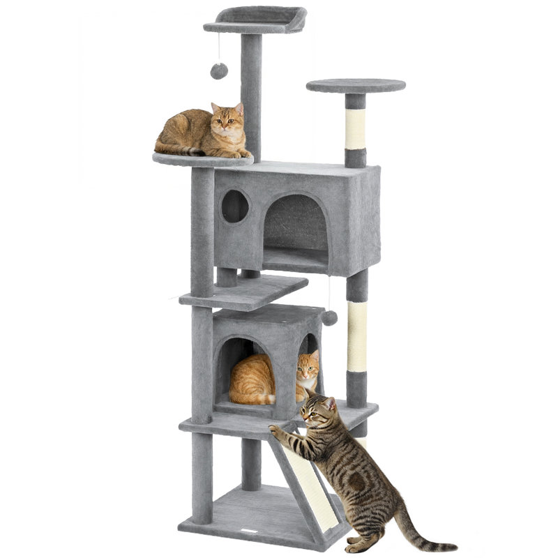 Tour pour arbre à chat 54 po avec poteaux à griffer, condos pour chat, gris clair, H 63 po x l 19,3 po x P 19,3 po