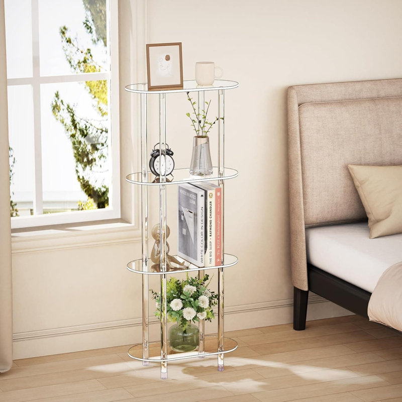 Table d'appoint étroite à 4 niveaux en acrylique transparent pour petits espaces, table de chevet ovale minimaliste pour chambre à coucher, salon et salle de bain
