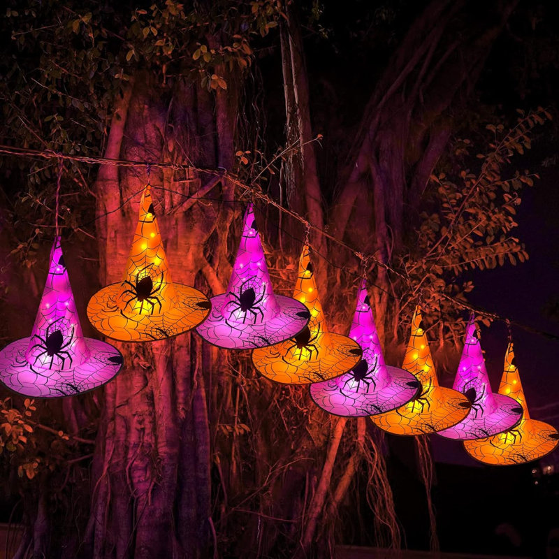 Chapeaux de sorcière suspendus illuminés d'Halloween 8 pièces, télécommande avec 8 modes d'éclairage illuminant les guirlandes d'Halloween de 14 pi