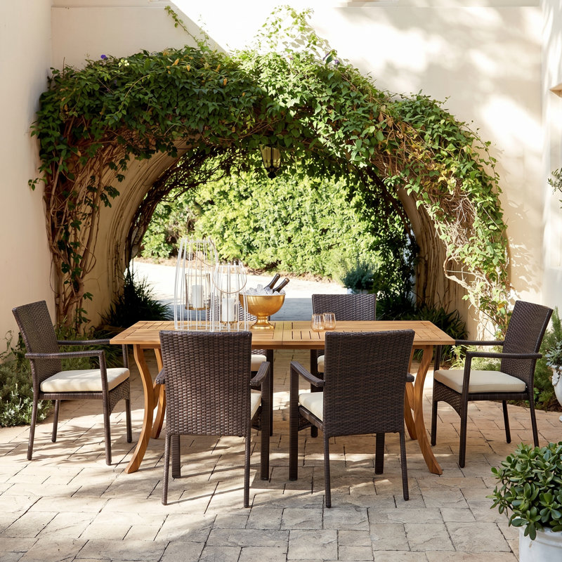 Hodges 6 - Person Acacia Wicker Patio Dining Set with Rectangular Table