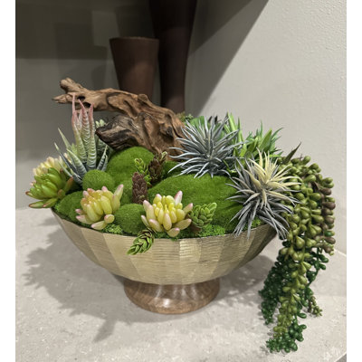 Succulent Design on Metal and Wood Circular Vase | One-of-a-Kind Faux Arrangement |Tabletop Décor