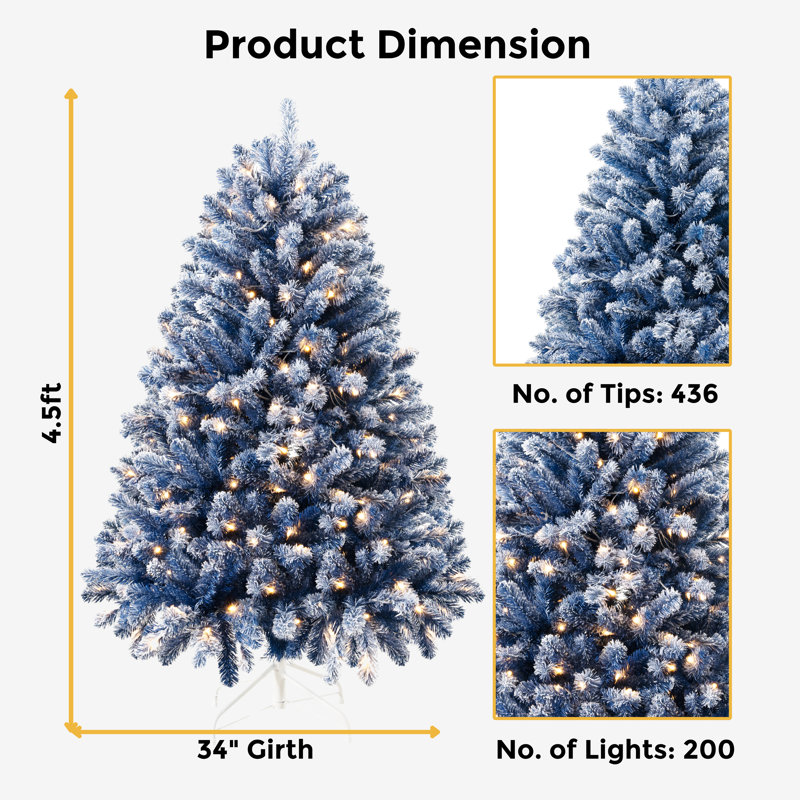 Élégants arbres de Noël illuminés enneigé bleu avec des branches pleines et des lumières chaudes, disponibles en 4,5 pi, 6,5 pi et 7,5 pi