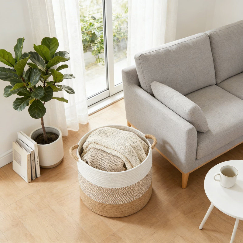 Large Woven Cotton Rope Storage Basket, 100L Boho Decorative Basket For Blankets, Pillows, Toys, And Laundry, Natural Handwoven Organizer For Living Room, Nursery, And Bedroom