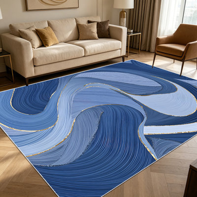 Peinture à l'huile abstraite tourbillon bleu marine et bleu clair 1PC avec tapis en feuille d'or pour le salon, doux et confortable, convient à toutes les saisons, facile à entretenir, tapis d'intérieur lavable à la machine,