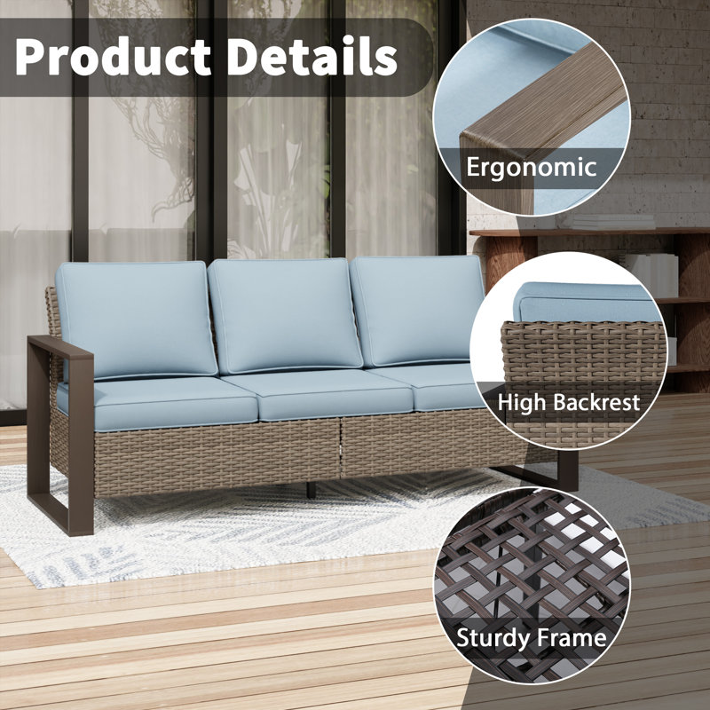 Creal 75.2'' Wide Reversible Wicker Patio Sofa with Cushions, Sky Blue