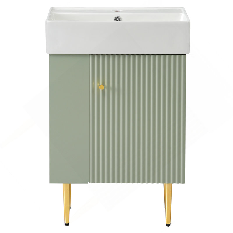 Meuble-lavabo vert 21,6 po, armoire combinée, meuble de rangement pour salle de bain, lavabo simple en céramique, rangement à gauche
