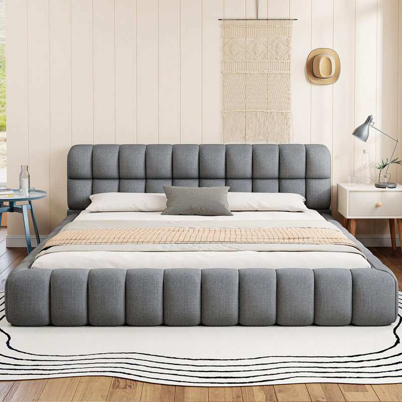 Lit plateforme tapissier en lin, Grey, King