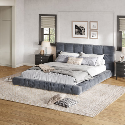 Queen size Upholstered Platform Bed Frame with Channel Tufted Headboard, Modern Low Profile Bed with Sturdy Slat Support, No Box Spring Needed, Luxury Soft Bed for Bedroom