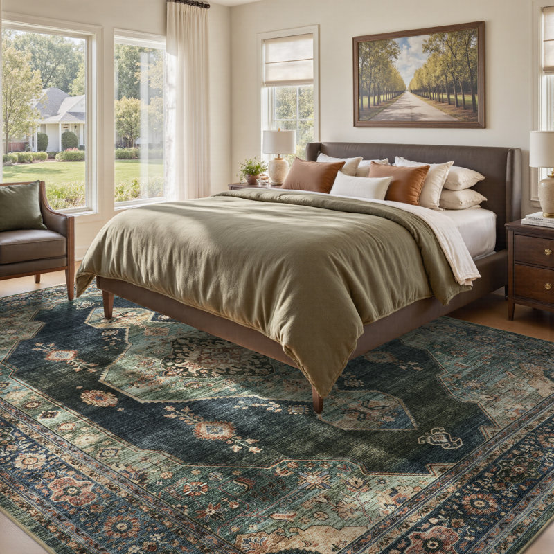 Soft Vintage Persian-Style Non-Slip Machine Washable Area Rug in Green/Teal for Living Room & Bedroom, Rectangle 9' x 12'