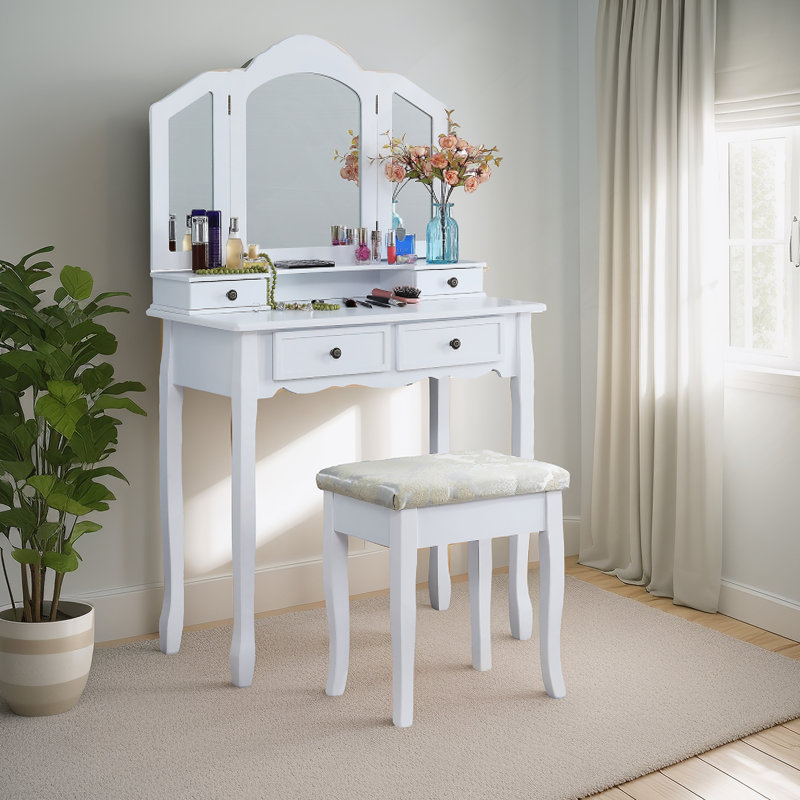 Ensemble coiffeuse et tabouret en bois, Blanc