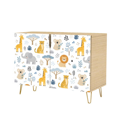 Sideboard Buffet Cabinet with Concealed Storage 2 Doors Cute Animals Leopard Giraffe Elephant Animals Wild Multiuse Cabinet for Living Room, Kitchen and Coffee Bar