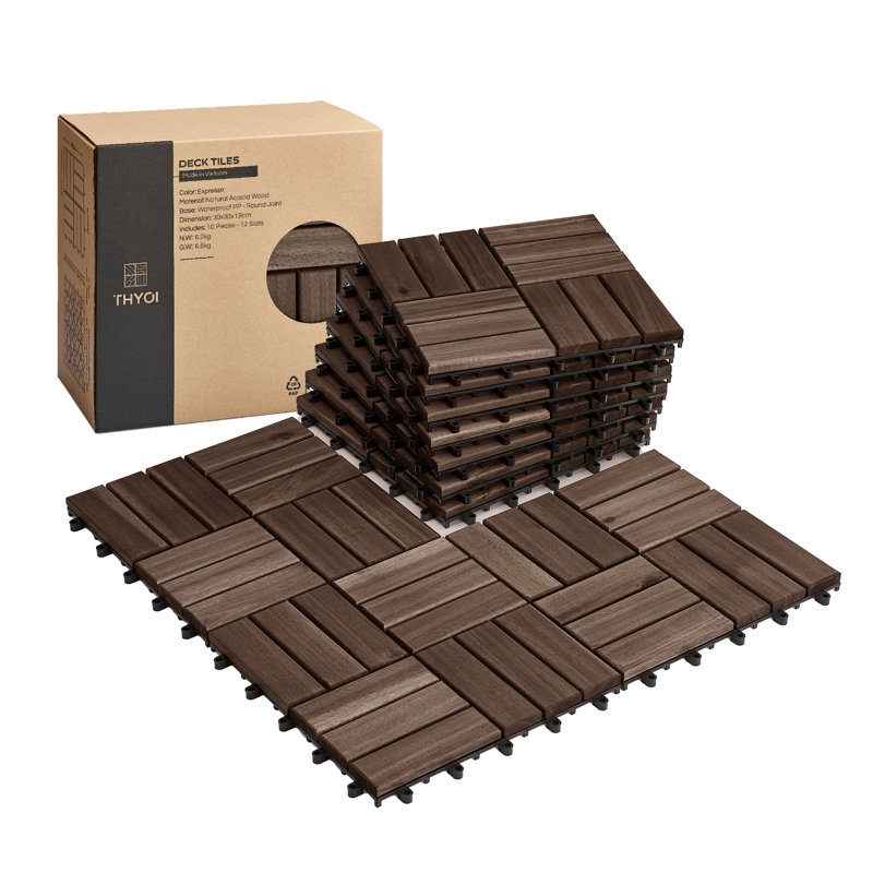 Carreaux de terrasse de qualité supérieure THYOI - Ensemble de 10 tuiles de terrasse emboîtables 12 po x 12 po x 0,9 po, bois d'acacia imperméable pour balcon, cour, intérieur et extérieur (espresso, motif croisé, joints ronds)