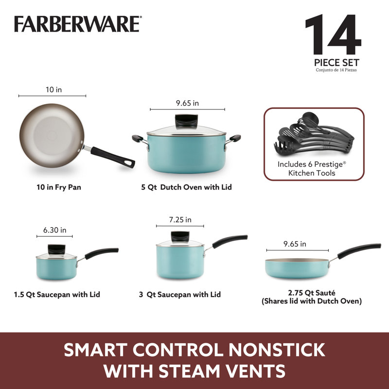 Aqua Blue 14-Piece Nonstick Aluminum Cookware Set