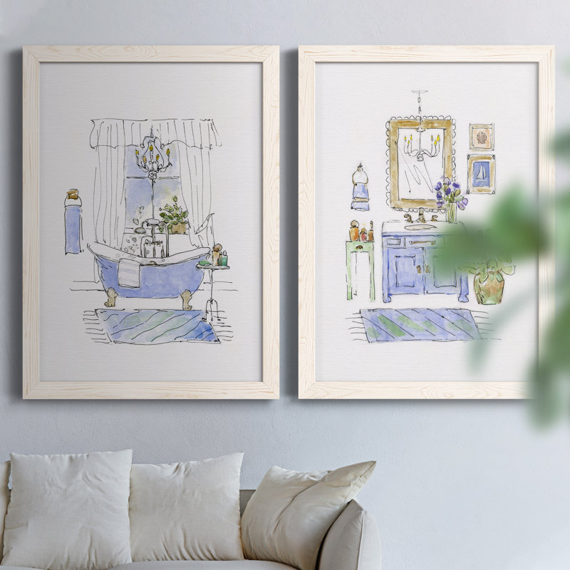 «Sketchy Bath I», ensemble de 2 peintures sur toile encadrées, H 31,5 po x l 47 po x P 1,5 po, Toile blanche encadrée