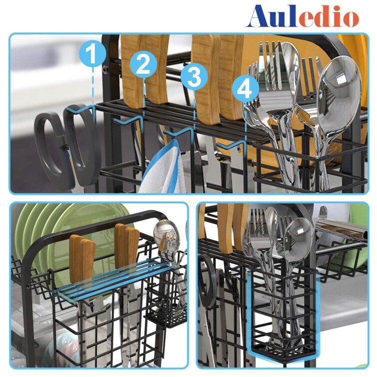 Auledio 2 Tier Dish Rack with Cup Holder and Utensil Holder Organizer for  Kitchen in Black 