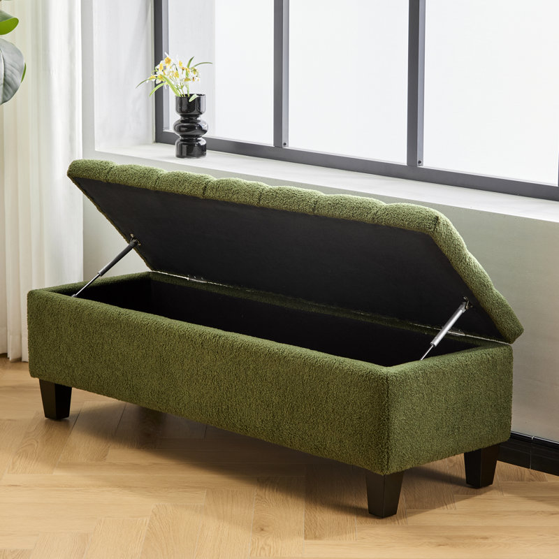 Banc avec rangement, surface bouclée, pieds en bois d'hévéa, capacité de 300 lb - amplement d'espace pour les oreillers et les couvertures, charnières douces, capitonnage à boutons, couture idéale pour le salon, le vestibule ou la chambre à coucher