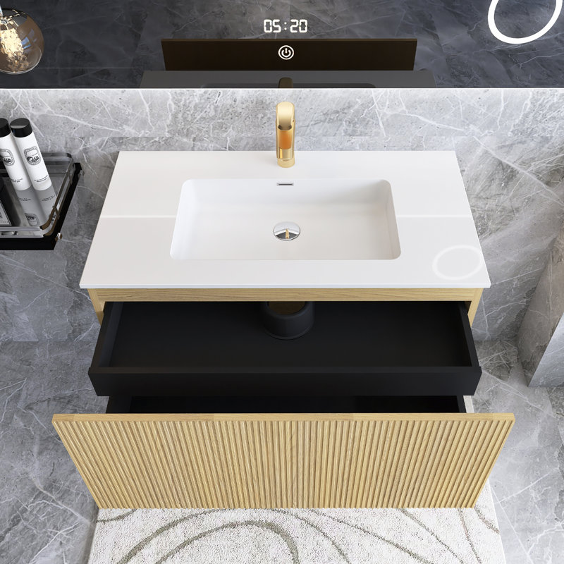 Meuble-lavabo mural moderne à rayures avec lavabo et tiroir à fermeture en douceur, 35"