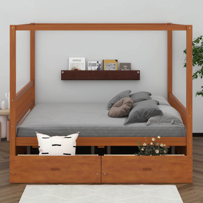 King Size Canopy Bed With Storage Drawers, Four Poster Bed Frame With Wooden Slats Support, Wood Canopy Platform Bed