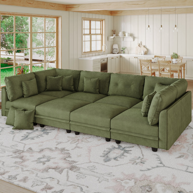Degennaro 8 Seat Corduroy Convertible Modular Sectional Sleeper With Storage, Green Corduroy