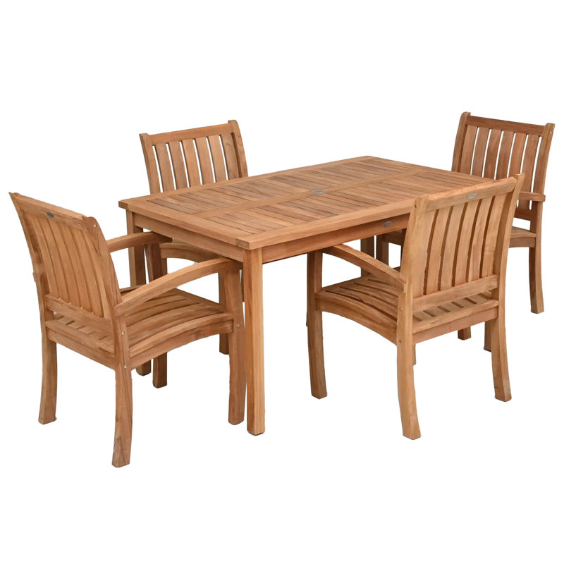 Teak Wood Bistro Dining Set Including Rectangular Table With Abacho Arm Chairs, 4