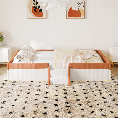 Full Size Upholstered Floor Bed for Kids with Safety Fence, 2-Tier Steps, Smart LED Lights, Montessori Design, Brown+White