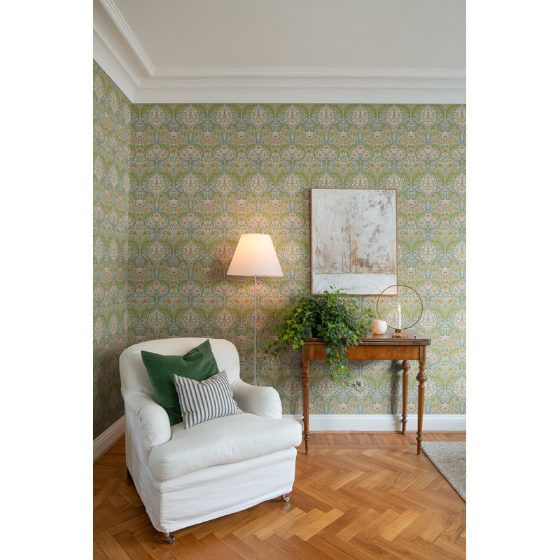Myrtle Dark Green Floral Ogee Wallpaper, Light Green
