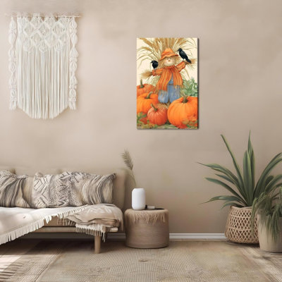 «Harvest Wheat Pumpkin Scarecrows And Crows», art mural sur toile sans cadre 24 po x 32 po