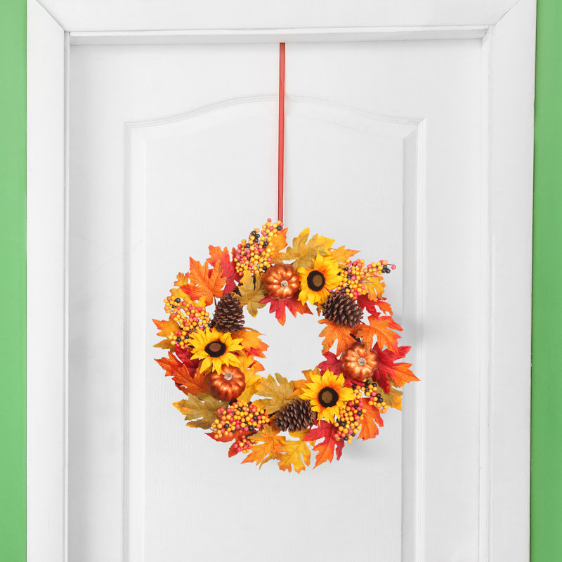 24 Inch Fall Sunflower Wreath with Pumpkins and Pinecones