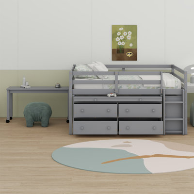 Loft Bed With Retractable Writing Desk And 4 Drawers, Loft Bed With Lateral Portable Desk And Shelves