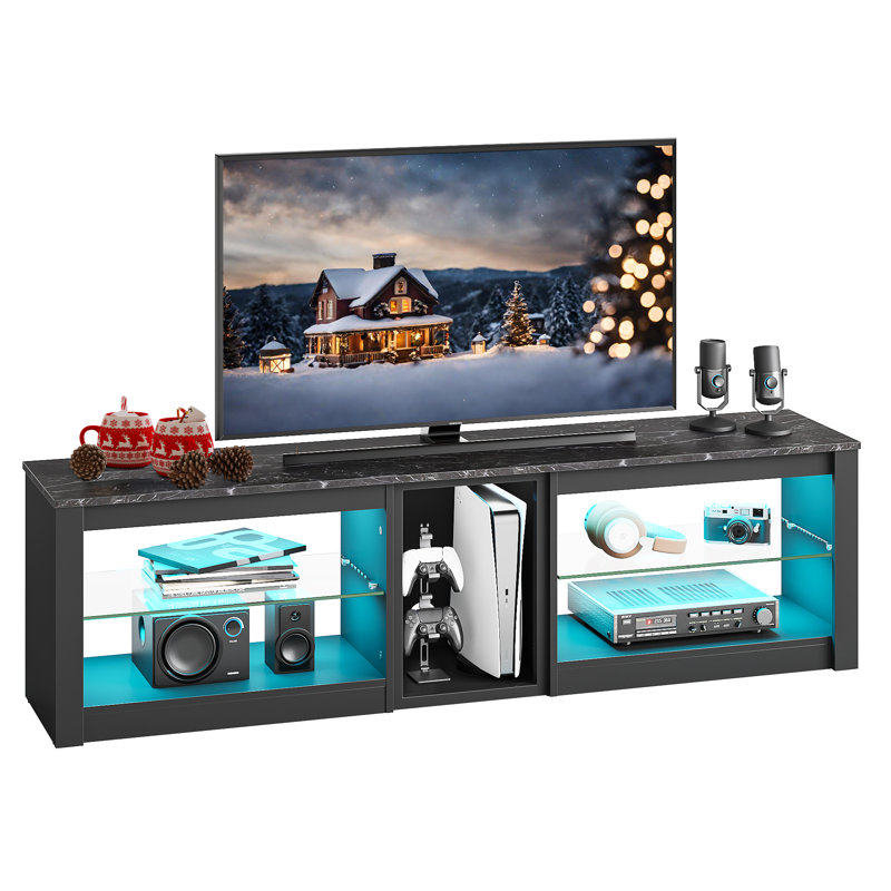 TV Stand for TVs up to 70 inch, Gaming Entertainment Center for PS5, LED TV Cabinet with Glass Shelves, Black Marble