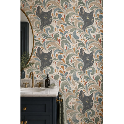 Black Cat Wallpaper Paisley Swirls On Cream Background