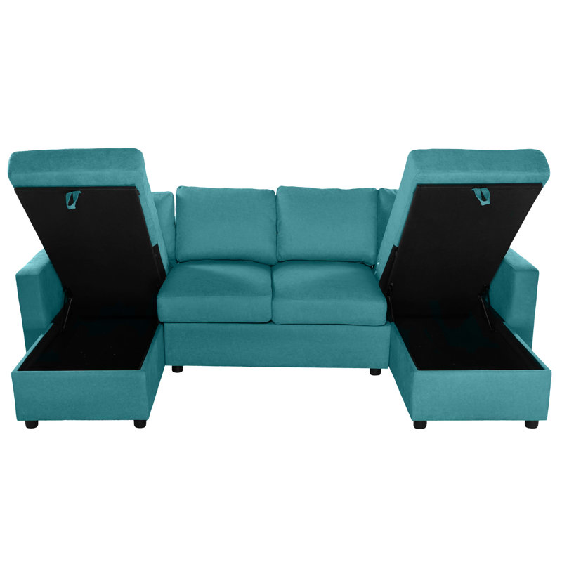 Upholstered Sectional Sofa With Storage Chaise Lounges And USB Ports, Teal Polyester