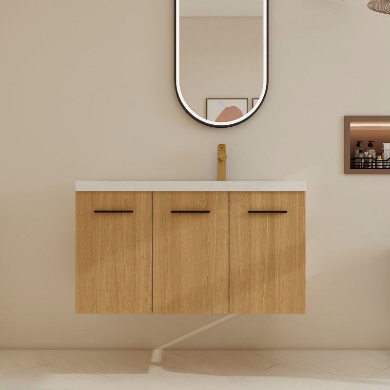 Ensemble de meuble-lavabo mural simple 36 po avec lavabo supérieur droit en résine, meuble-lavabo flottant avec porte et tablette à fermeture en douceur