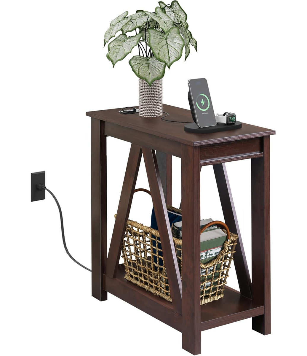 Gracie Oaks Narrow End Table With Charging Station And Storage Shelf ...