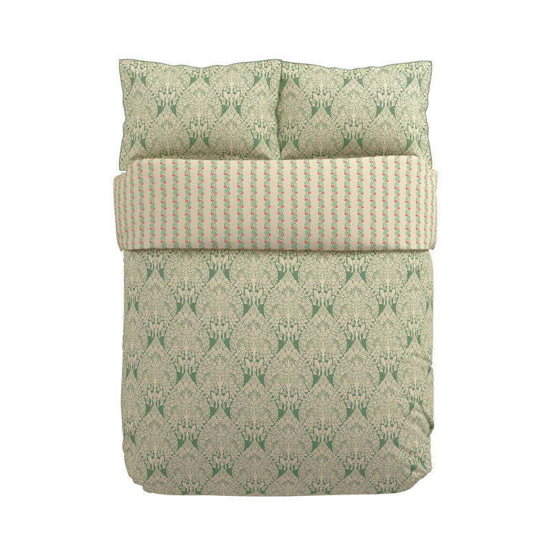 Lerena Cotton Floral Duvet Cover Set with Pillowcases Included, King Duvet Cover Set + 2 Pillowcases, Green