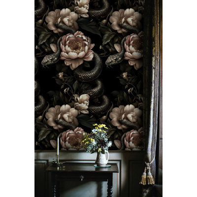 Dark Botanical Wallpaper with Serpentine Design Floral and Snake Motif Gothic Peony Flowers