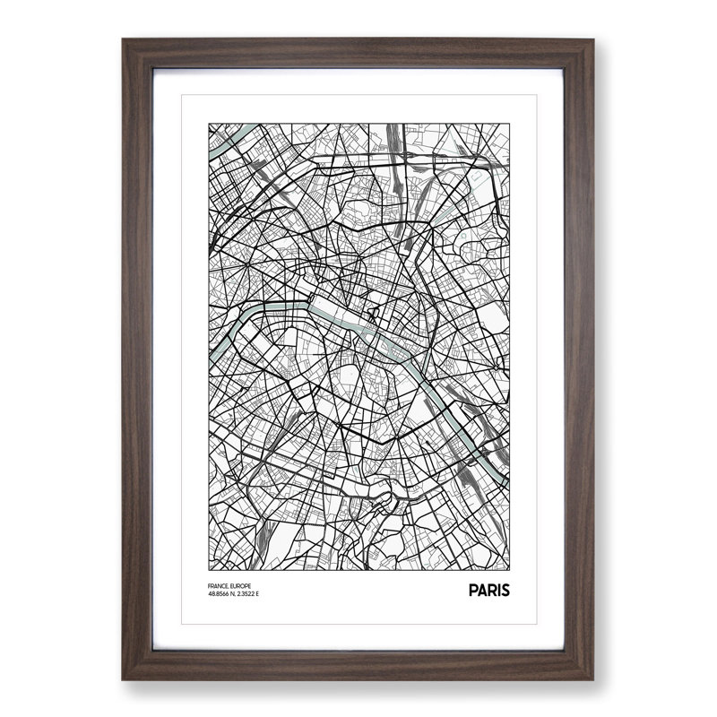Map Paris France - Picture Frame Graphic Art, 90cm H x 65cm W x 2cm D, Walnut
