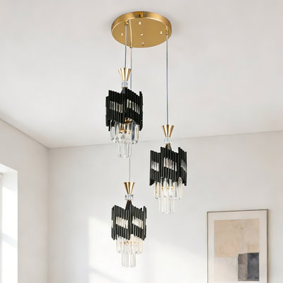 Luminaire suspendu rond en cristal noir et or 13,8 "avec ampoules E26 3 couleurs incluses