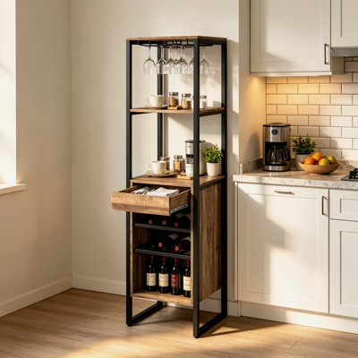 Support à vin en chêne patiné avec tablettes de rangement pour comptoir de cuisine